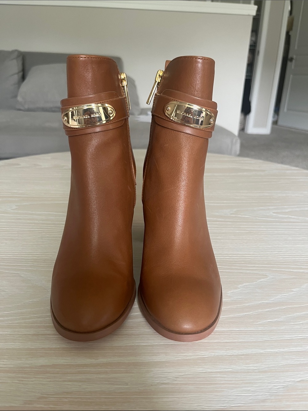 Michael Kors Cognac Leather Ankle Booties with Gold Plaque
